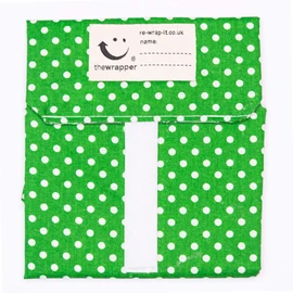 the Wrapper, Re Wrap It Sandwich Bags, Green with White Dots, No Waste Packaging, Eco Friendly, Reusable Food Wraps. Made In Scotland.