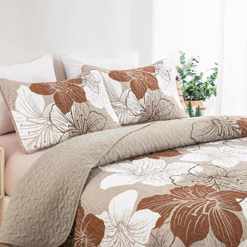 DJY 3 Pieces Quilt Set California King Taupe Floral Pattern