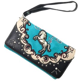 Zelris Western Mustang Horse Turquoise Women Crossbody Wrist Trifold Wallet (Turquoise)