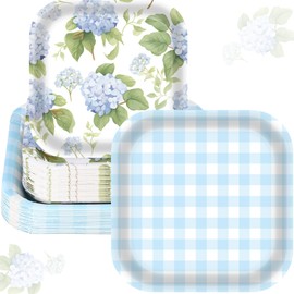 Havawish 100 Pcs Hydrangea Paper Plates Set, 7 in 9 in Vintage Tea Party Floral Square Disposable Plate Dinnerware for Garden Wedding Spring Birthday Baby Shower Supplies(Blue)