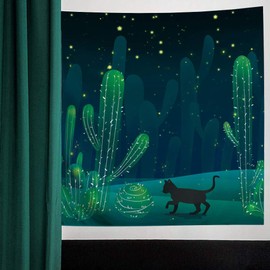 IcosaMro Cactus Tapestry Wall Hanging Cat Hippie Cute Cacti Art Wall Decor (Hemmed Edges) for Bedroom Living Room College Dorm, 60x82.7 Inch, Green