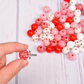 UNVOJL 60 Pieces Valentine's Day Wood Beads Heart Beads Colorful Wooden Round Beads