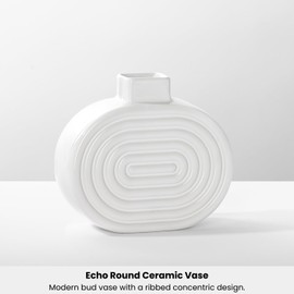 Torre & Tagus Ribbed White Ceramic Vase - 5 Inch Round Vase For Flowers, Decorative Vase For Home Decor as Living Room Table Decor, Modern Shelf Decor, Bedroom Nightstand Home Accent (Echo White Vase)