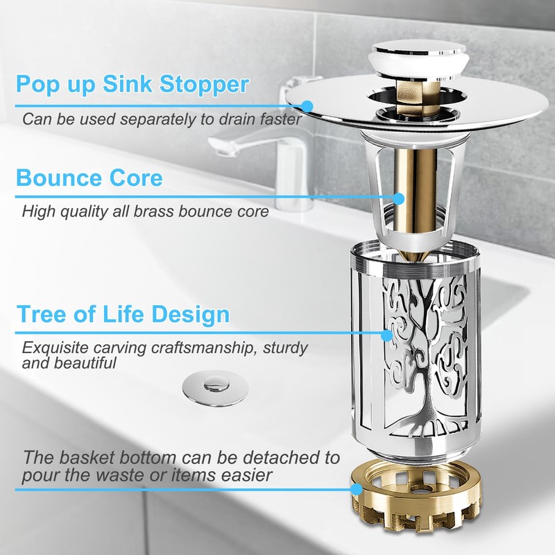 BAOLSLS Bathroom Sink Stopper, Sink Drain Strainer with Pop Up