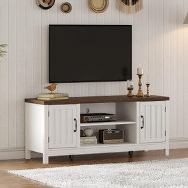 ChooChoo Farmhouse TV Stand, Wood Fluted Door Entertainment Center with Storage Cabinets and Open Shelves, Rustic Media Console up to 55 inches for Living Room, Bedroom, White