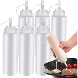 6 Pack (8 Oz) Botellas Exprimibles Dispensador para Salsa Botellas de Plástico para Condimentos con Tapa Giratoria y Medida- Perfecto para Salsa de Chili, Aceite, Glaseado y Otros Condimentos