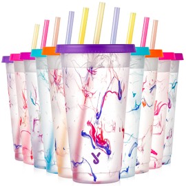 Meoky Color Changing Cold Cups with Lids and Straws - 10 Pack 24 oz Plastic Cute Tumblers Bulk, Reusable for Kids Women Party, Iced Coffee(Swirl)