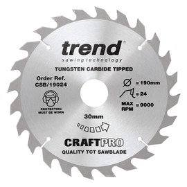Trend Wood Circular Saw Blade, 190mm Diameter, 30mm Bore, 24 Teeth, TCT, 2.6mm Kerf, +15° Hook, CSB/19024