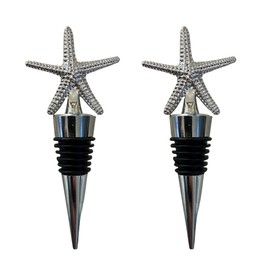 Decorative Starfish Wine Bottle Stoppers, Silver Chrome Finish, Set of 2