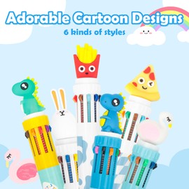 6PCS 10-in-1 Multicolored Retractable Ballpoint Pens for Kids Party Bag Fillers, Fun Cute Cartoon Multi Color Ballpoint Pen Bulk for Classroom School Supplies Party Favors Girls Boys Gifts