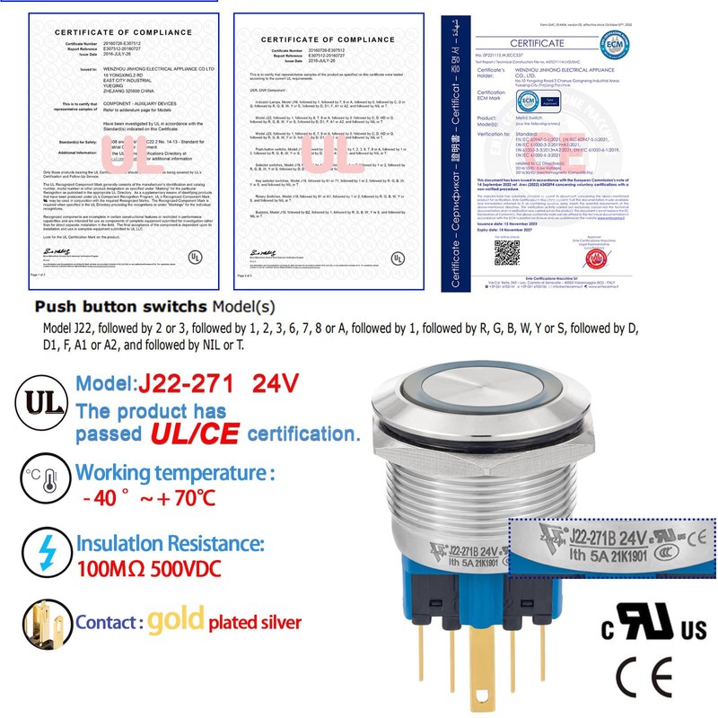ZJWZJH 22mm Latching Push Button Switch 22mm 24V Power 1NO