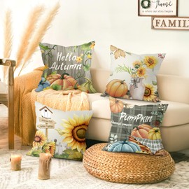 Joymaison Fall Farmhouse Pumpkin Sunflowers Cushion Covers 45 x 45 Pack of 4 Hello Autumn Thanksgiving Harvest Plaid Wood Grain Square Throw Pillow Case Decorative Sofa Cushion with Invisible Zipper