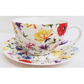 Wildflowers Meadow Breakfast Cup & Saucer Fine Bone China Set Hand Decorated in UK