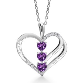 Gem Stone King 925 Sterling Silver Heart Shape Purple Amethyst and White Moissanite I love you always and forever Pendant Necklace For Women (0.85 Cttw, with 18 Inch Silver Chain)