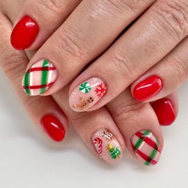 Pack of 24 Christmas Nails for Sticking, Short Almond, Oval French Stripes, Press on Nails, Cute Gingerbread Man, Candy Cane Fingernails, False Nails, Full Cover False Nails for Women