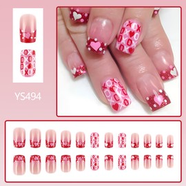 24Pcs Valentines Press on Nails Short Square-Red French Tip Fake Nails with Glitter Glue on Nails Full Cover Red Pink Heart False Nails Glossy Acrylic Nails for Women Girls Valentine Manicure