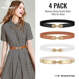 TRIWORKS 4 Pack Women Skinny Elastic Belt Ladies Fashion Leaf Alloy Buckle Stretchy Thin Waist Belt for Dresses, B-black+white+brown+gold, Fits waist size 26"-31"