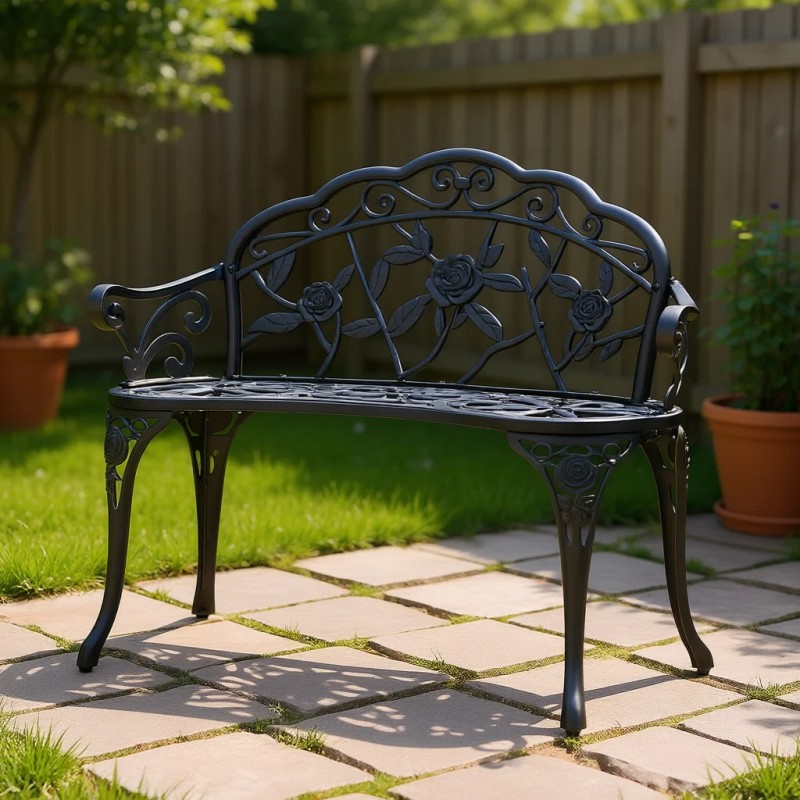Metal Garden Bench 38.8 Inches With Backrest Armrests Traditional Style