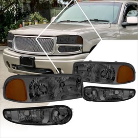 PM PERFORMOTOR Headlights Assembly Compatible with 2001-2007 GMC Sierra 1500/2001-2006 GMC Yukon Denali, 4Pcs Headlamps+Signal Lamps with Chrome Housing Smoked Lens Amber Corner