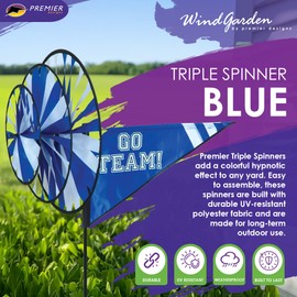 Premier Kites Triple Spinner Blue – Eye-Catching “Go Team!” Garden Spinner with Colorful Triple Wheels, Durable Weather-Resistant Fabric, Easy Assembly, Outdoor Décor for Patios, Lawns, & Game Day Fun
