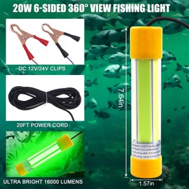 Super Bright Underwater Fishing Light, 20W 12V 16000 Lumens IP68 Waterproof LED Submersible Fish Lamp Night Fishing Dock Boat Deep Drop Light for Crappie Squid Shad Shrimp Prawns