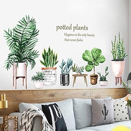 ZARROUEA Plant Wall Sticker Flower Green Leaves Green Potted Plant 3D Sticker Flower Modern Decor Sticker Wallpaper Removable Stylish Scandinavian Decorative Wall Decor Wallpaper Children's Room