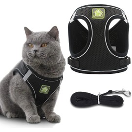 Arnés y correa para gatos, juego de arnés de chaleco suave ajustable a prueba de fugas con tiras reflectantes para gatos grandes, razas pequeñas,