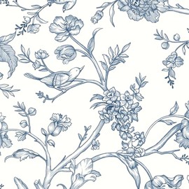 Safiyya Peel and Stick Wallpaper Floral Birds Contact Paper Blue and White Wallpaper Modern Boho Wall Paper for Bedroom Removable Self Adhesive Vinyl Rolls 118"x17.3"