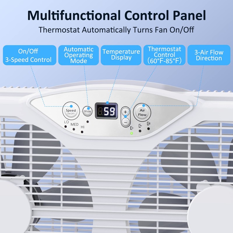 shinic Twin Window Fan, 9-Inch Blades Reversible Airflow, Thermostat Control,