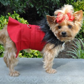 DOGGIE DESIGN Wool Fur Trimmed Dog Harness Coat with Leash (L, Red)