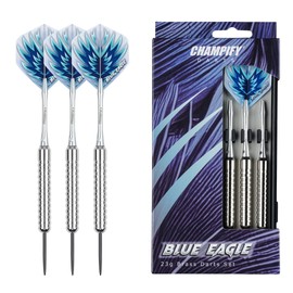 Champify Brass Darts Set "Blue Eagle" - 3 Darts with 23 g Barrel & Steel Tip | Includes 6 Aluminium Shafts, Flights & Accessories | Precise Steel Darts for Beginners & Professionals | Darts Set