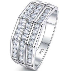 Heinlov D Color VVS1 Moissanite Mens Wedding Band 925 Sterling Silver Triple Row Round Cut Weddin Rings for Men Statement Size 9