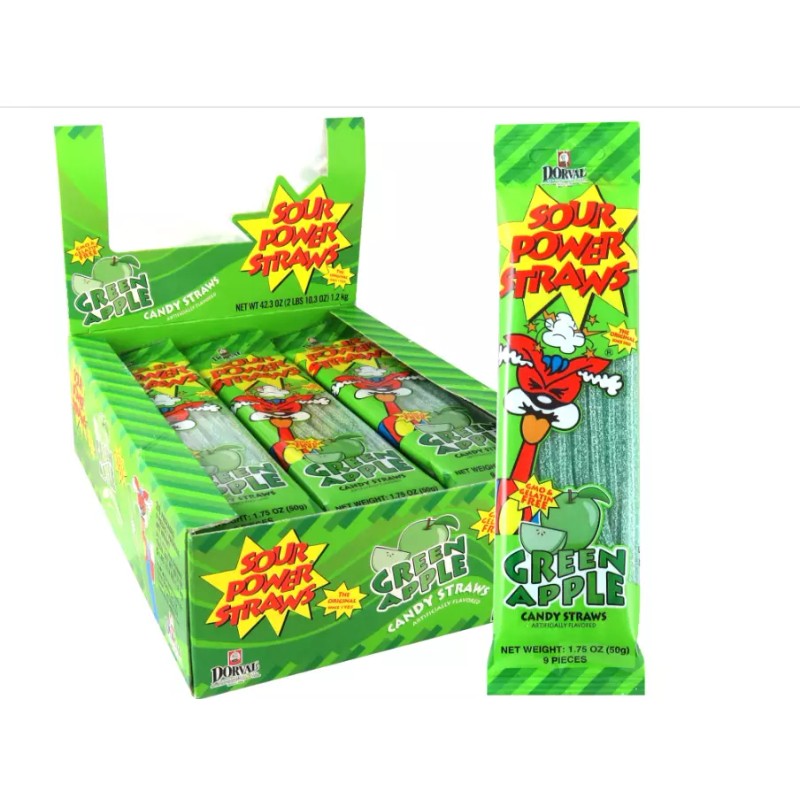Sour Power Candy Straws, Green Apple, 1.75 Ounce (Pack of