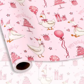 FYSUIMU Silly Goose Birthday Wrapping Paper -Mini Roll- 17 In x 32.8 Ft Pink Goose Coquette Gift Wrap Paper for Holiday Birthday Baby Shower Party