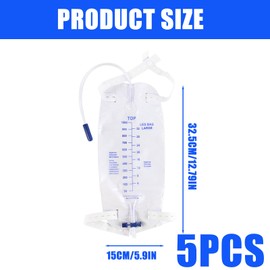 Pack of 5 1000 ml Urine Bag Catheter, Leg Bag Urine Drainage Bag, Urine Collection Bag Drainage Bag with Anti-Reflux Valve, Urine Drainage Bag, Easy Flip Drain Single Packaging