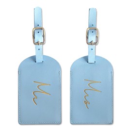 Mr&Mrs Gifts Mr and Mrs Luggage Tags for Couples Gold Foil Embossed Leather Bag Tags, Travel ID Tags with Adjustable Strap, Wedding Honeymoon Essentials Gift for Husband and Wife(MM Light Blue)