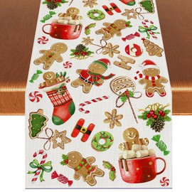 Linen Merry Christmas Table Runner Christmas Gingerbread Tablecloth Christmas Xmas Winter Holiday Decorations and Supplies for Home Kitchen Table-13×108''