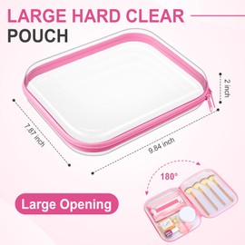 Sanwuta 6 Pcs Clear Hard Zipper Case Pencil Pouches Hard Plastic Zipper Pouches Makeup Bag Transparent Cases for Snacks Plastic Storage Organizer Box for Travel(Pink,9.84 x 7.87 x 2 Inch)