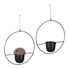 Relaxdays Hanging Baskets, Set of 2, Diameter 34.5 cm, Metal, Hanging Flower Pot, for Indoor and Outdoor Use, Flower Hanging Pot, Black