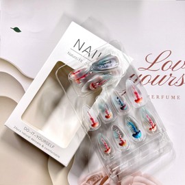 Jellyfish Press on Nails Almond Long Length Colorful Jellyfish Pattern Design Ocean Glossy False Nails Full Cover Reusable Press Ons Artificial Fingernails Almond Shaped Stick on Nail for Women 24Pcs