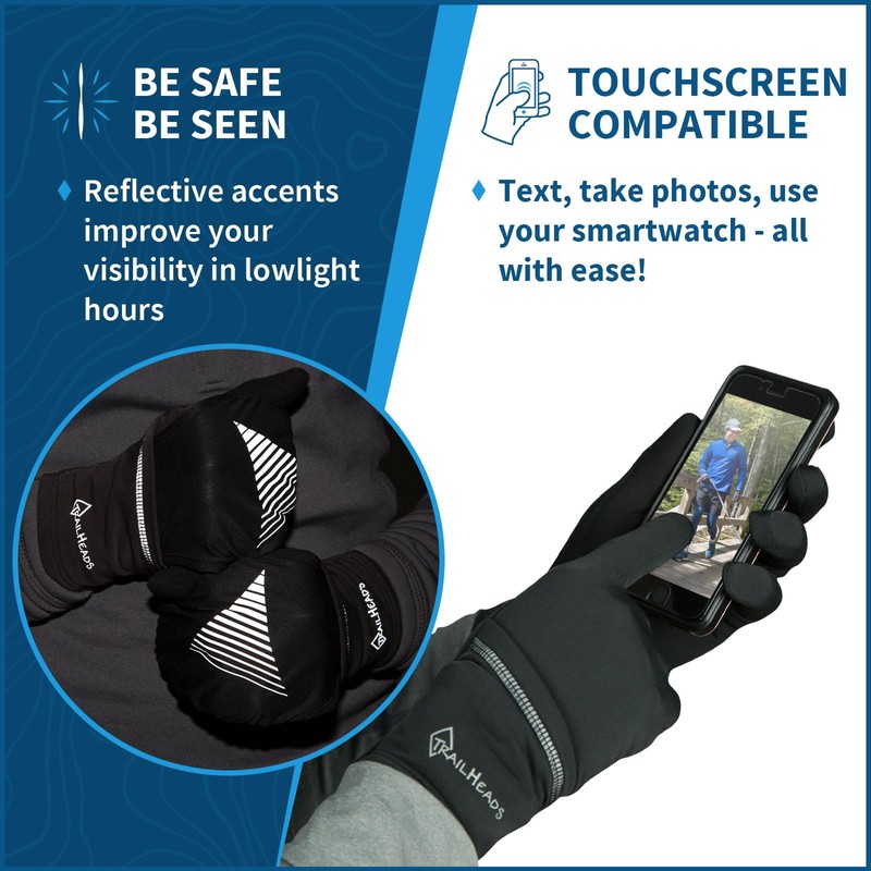 TrailHeads Mens Running Gloves Touchscreen Fingers & Convertible Waterproof Mitten