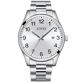 CIVO Watches Mens Stylish Wristwatch: Easy to Read Wristwatch with Date Stainless Silver - Waterproof Analogue Quartz