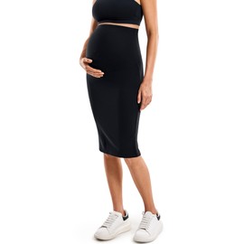 MOMANDA Women' s Maternity Skirt High Waist Midi Pencil Skirt with Slit Stretchy Pregnancy Casual Black Small