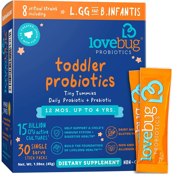 Lovebug Probiotic and Prebiotic for Kids, 15 Billion CFU, for Children 12 Months to 4 Years, Best Children's Probiotics, Contains 1 Gram Fiber, 30 Packets