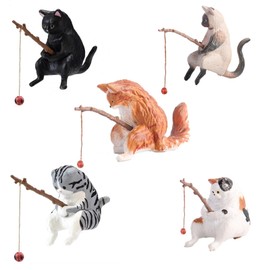 KALOLINNA Fishing Cats, Set of 5, Kitten Fishing Figurine, Cat Figure, Resin, Realistic Cat Fishing, Mini, Japanese Style, Healing Pull Up Ornaments, Atmosphere, Fish Tank, Aquarium, Garden,