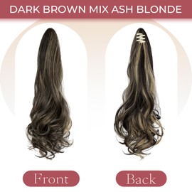 FELENDY 18" Ponytail Extension Small Claw Clip Curly Ponytail Hair Extensions Jaw Clips Long Wavy Pony tail Hairpiece for Women Synthetic Dark Brown Mix Ash Blonde