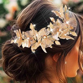 Yean Gold Flower Headband Butterfly Headpiece Crystal Hair Accessories for Women and Girls (Gold, One size)
