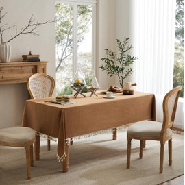 YZJZEDS Linen Tablecloth with Tassels, Farmhouse Style Brown Tablecloth, Water Resistant Burlap Tablecloths for Square Table, 60x60 Inch Caramel