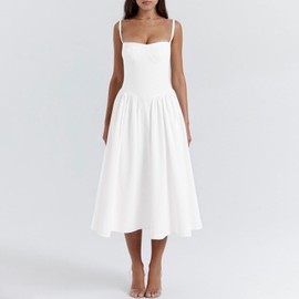 Womens Corset Dress Elegant Spaghetti Strap Midi Dress Flowy Pleated Hem Low Cut Prom Dresses Floral Bustier Dress (US, Alpha, Large, Regular, Regular, White)