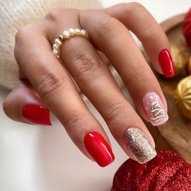 Christmas Press on Nails Medium Square Winter Fake Nails Red Full Cover Xmas Tree False Nails with Designs Gold Glitter Glossy Glue on Nails Acrylic Nails Manicure Artificial Nails for Women Girls